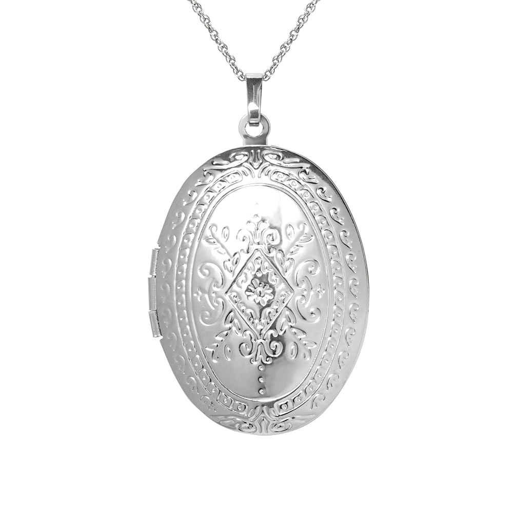 Vintage Style Etching Oval Locket Pendant 925 Sterling Silver Necklace